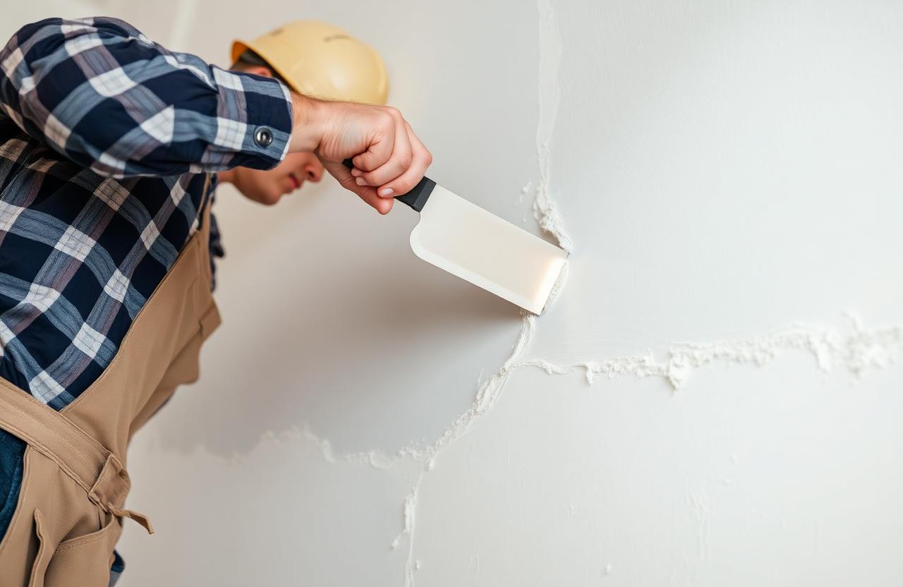 Drywall contractor smoothing joint compound on a Fayetteville home wall